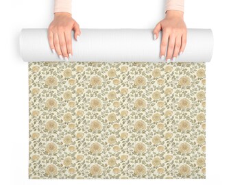 Yoga Mat with Floral Neutral Block Print on Foam Yoga Lover Birthday Friend Gift 24" x 72"