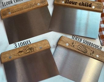 Engraved Bench Scraper, Sourdough Dough Cutter, Stainless Steel Baking Tool, Wooden Handle