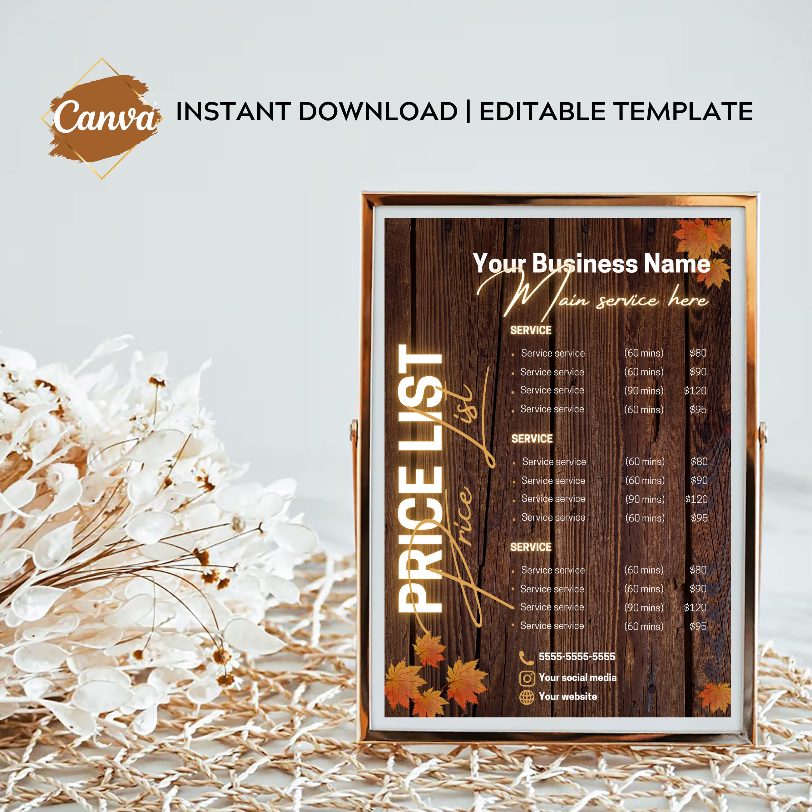Fall Autumn Price List Template Design Hair Pricing Flyer Pricelist Flyer Pricing Guide Sheet Nails Flyer Premade Salon Small Business Canva