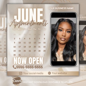 May include: A social media post with a June calendar, the text "NOW OPEN", a phone number, and a website address. The post also features a photo of a woman with dark hair and makeup.