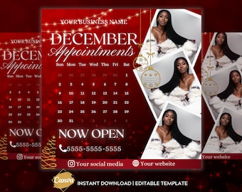 Red December Christmas Calendar Appointments Available Post Booking Flyer Plane Hair Appointment Christmas  Book Now Flyer Premade Calendar