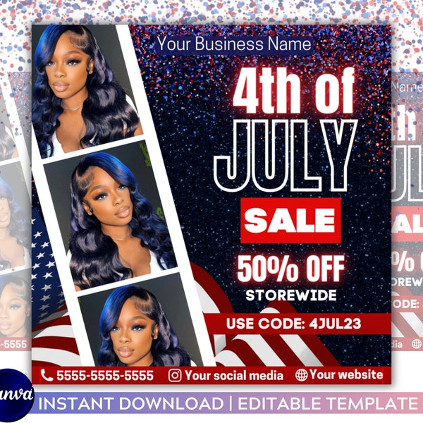 4th of July Sale Flyer DIY Flyer Template Design Wigs Hair Lash Nails Independence Day Flyer Premade Instagram 4th of July Flyer Post Canva