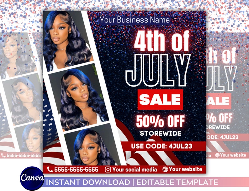 4th of July Sale Flyer DIY Flyer Template Design Wigs Hair Lash Nails Independence Day Flyer Premade Instagram 4th of July Flyer Post Canva image 1