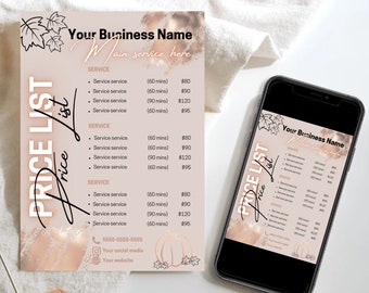 Minimal Fall Autumn Rose Gold Price List Template Design Hair Pricing Flyer Pricelist Flyer Pricing Guide Sheet Nails Flyer Premade Salon