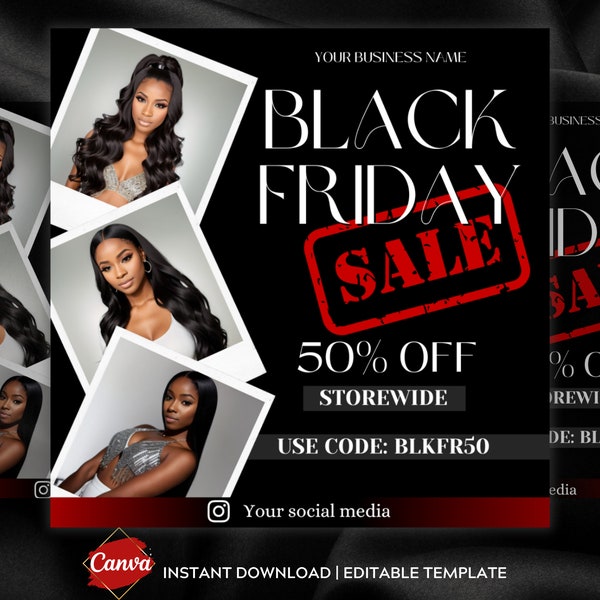 Black Friday Sale Flyer Template Instagram Post Hair Wigs MUA Post Black Friday Post Shop wide Sale Flyer Black Friday Flash Sale IG Post