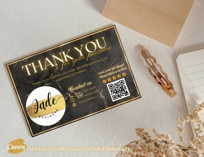Gold & Black Thank You Card Template, Elegant Business Insert (canva ...