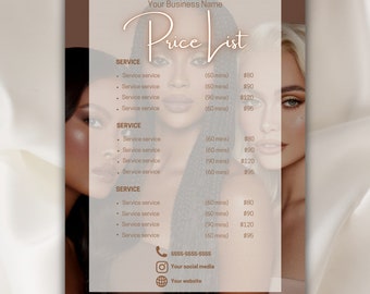 Könnte beinhalten: Eine braune und weiße Preisliste mit einer kursiv geschriebenen Schrift für den Titel "Price List". Die Vorlage hat einen hellbraunen Hintergrund mit einer weißen Überlagerung. Die Vorlage listet Dienstleistungen mit Preisen und Laufzeiten auf. Die Vorlage enthält auch Kontaktinformationen, ein Social-Media-Symbol und ein Website-Symbol.