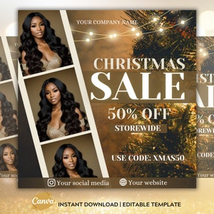 Puede incluir: Un anuncio de venta de Navidad con un fondo dorado y un árbol de Navidad decorado con luces. El texto dice "Christmas Sale 50% Off Storewide Use Code: Xmas50".