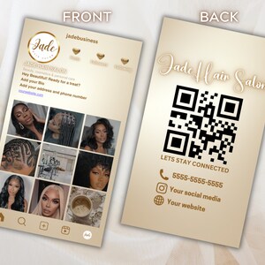 May include: A business card with a gold and white design. The front features the text "Jade Hair Salon" and a grid of hair style images. The back has a QR code, contact information, and the text "Lets Stay Connected".