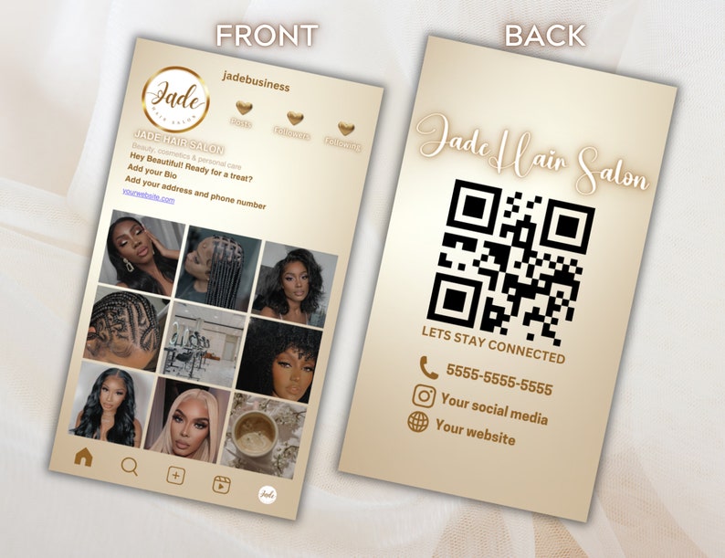 May include: A business card with a gold and white design. The front features the text "Jade Hair Salon" and a grid of hair style images. The back has a QR code, contact information, and the text "Lets Stay Connected".