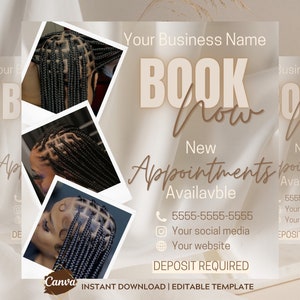 Neutral Editable Book Now Canva Flyer DIY Appointments Available Premade Saloon Knotless Braids Beauty Social Media Editable Flyer Template