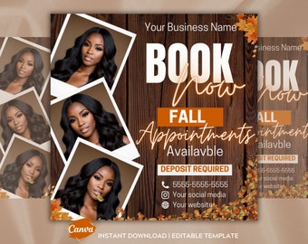 Fall season Editable Book Now Hair Fall Blank Flyer DIY Autumn Appointments Available Open Template Premade Hair Aesthetician Lashes Nails