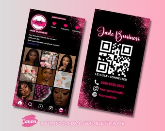 Pink Glam Instagram Business Card Template with QR Code (Canva Editable)