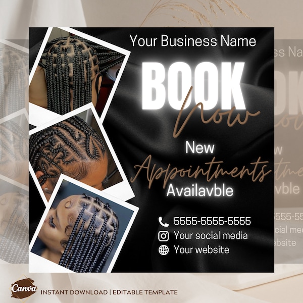 Neutral Editable Book Now Canva Flyer DIY Appointments Available Open Template Premade Hair Stich Braids Tribal braids Knotless Hair Brown