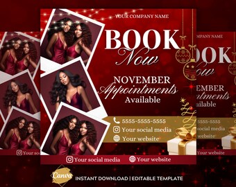 Book Now Flyer November Appointments Available Christmas Sale Flyer Template Wigs Hair Lash Nails Christmas Day Holidays Booking November