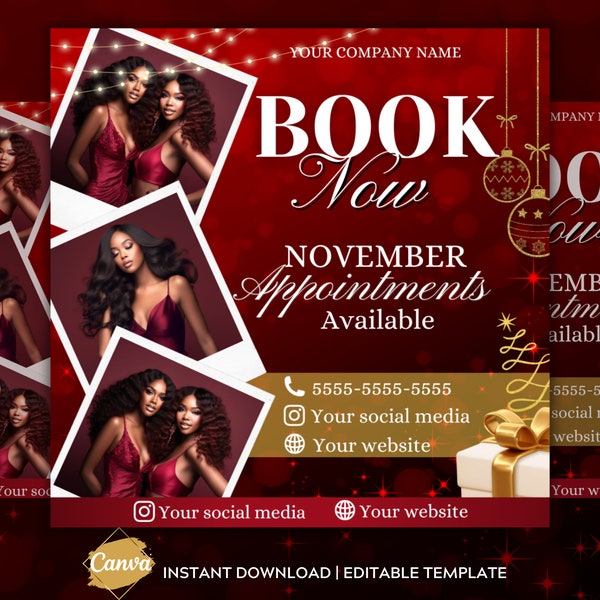 Book Now Flyer November Appointments Available Christmas Sale Flyer Template Wigs Hair Lash Nails Christmas Day Holidays Booking November