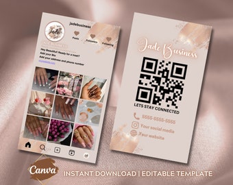 Rose Gold Instagram Business Card Template with QR Code (Canva Editable)