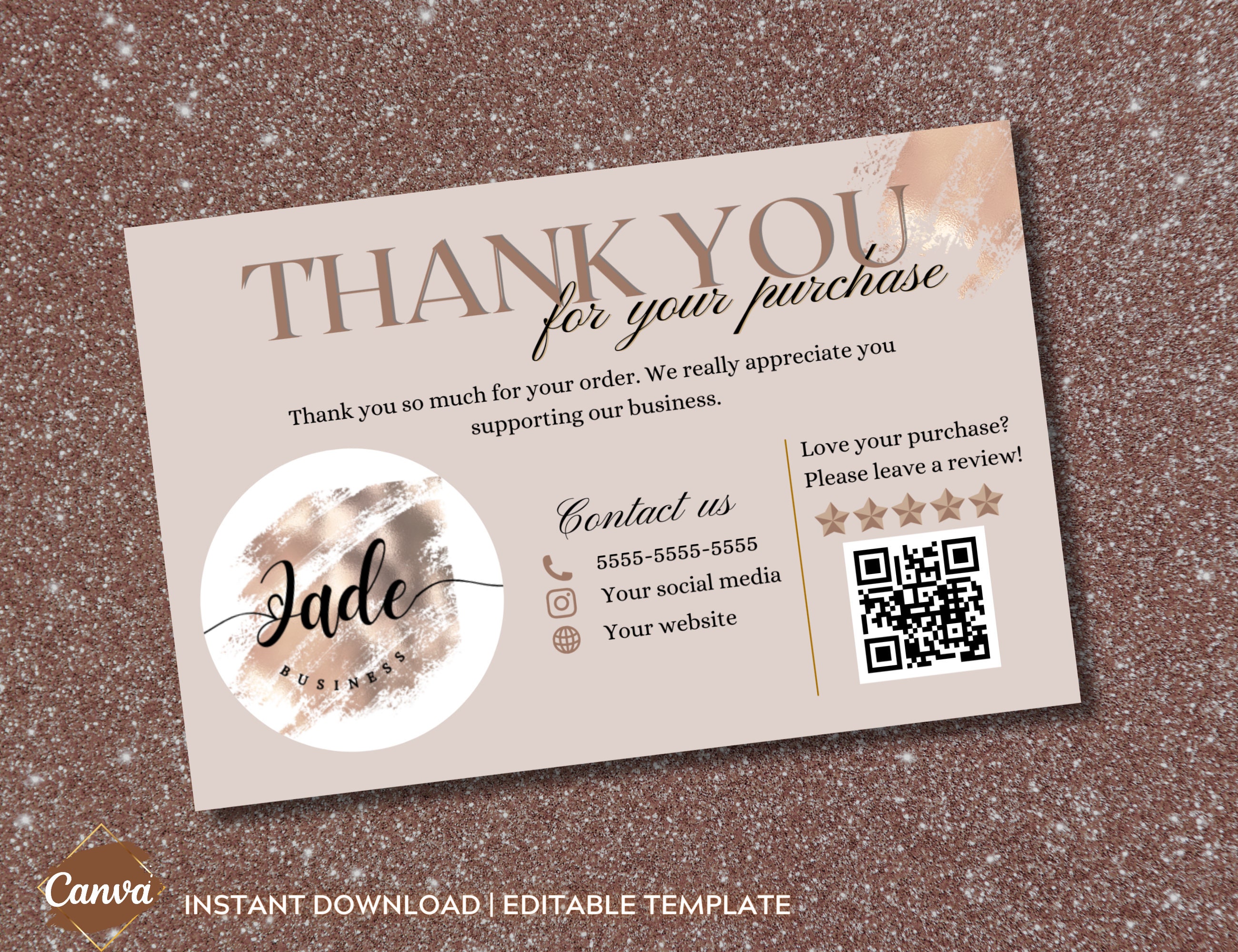 Rose Gold Thank You Card Template, Elegant Business Insert (canva) - Etsy