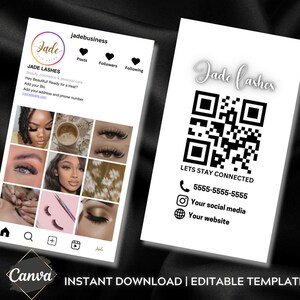 May include: A white business card with a black and white QR code, the text "Jade Lashes", and the text "Lets Stay Connected". Below the text is a phone number, a social media icon, and a globe icon. The text "Your social media" and "Your website" are below the icons.