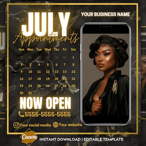 Gold and Black Theme July Appointment Instagram July Booking Plane Hair Appointment Book Now Flyer Canva Braids Flyer Premade Instagram Post