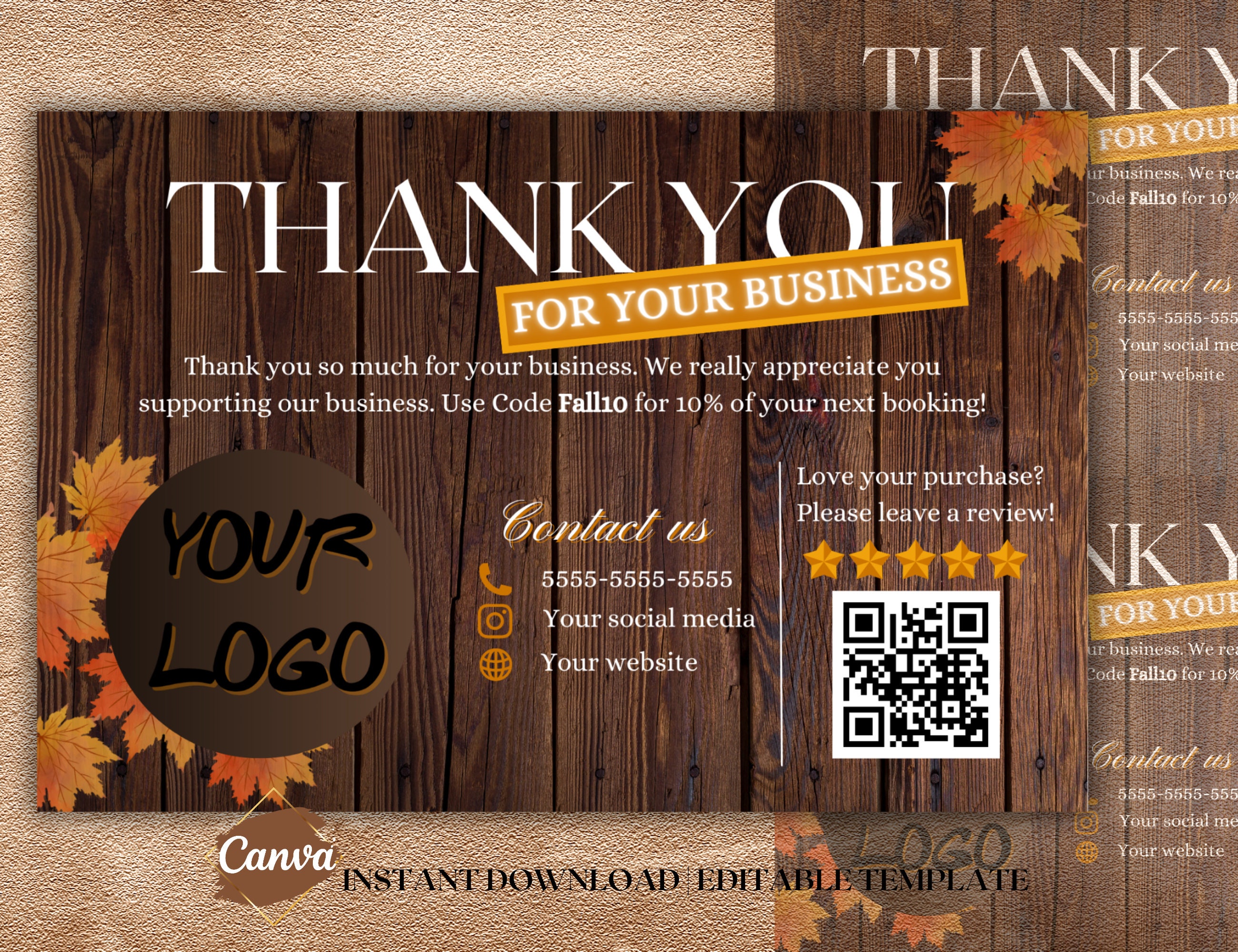 Autumn Thank You Card Template DIY Autumn Fall Marketing Cards Hair ...