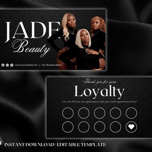 Modèle de carte de fidélité noir et blanc élégant Cartes de fidélisation client Carte de visite Salon de coiffure Récompense Maquillage Cheveux Ongles Premade