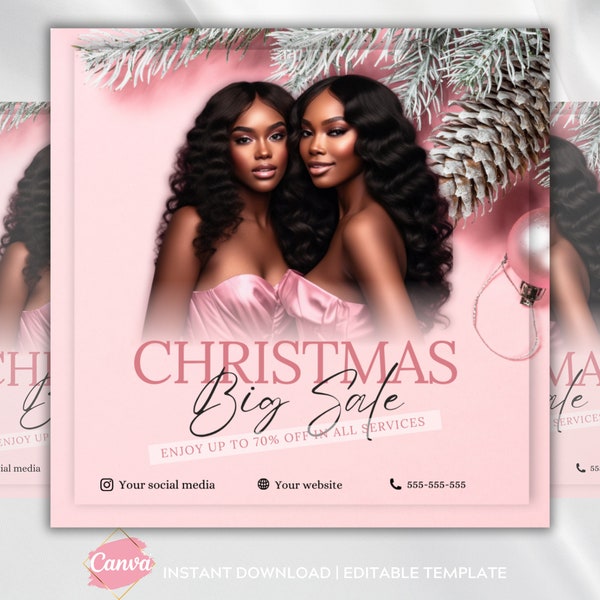 Pink Christmas Sale Hair Flyer Template Wigs Hair Salon Christmas Day Holidays Pink Glam Flyer Christmas Flash Sale Flyer Xmas Weave Sale