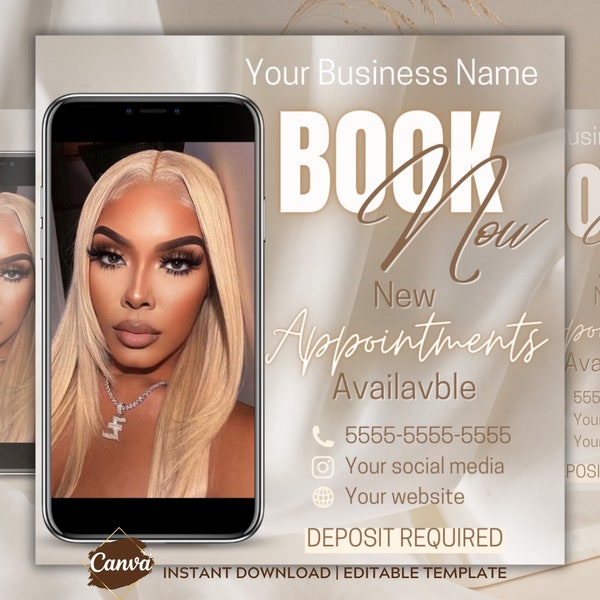 Neutral Glam Canva Editable Book Now Salon Flyer DIY Appointments Available Template Premade Hair Lashes Make up Wigs Stylist Canva Template