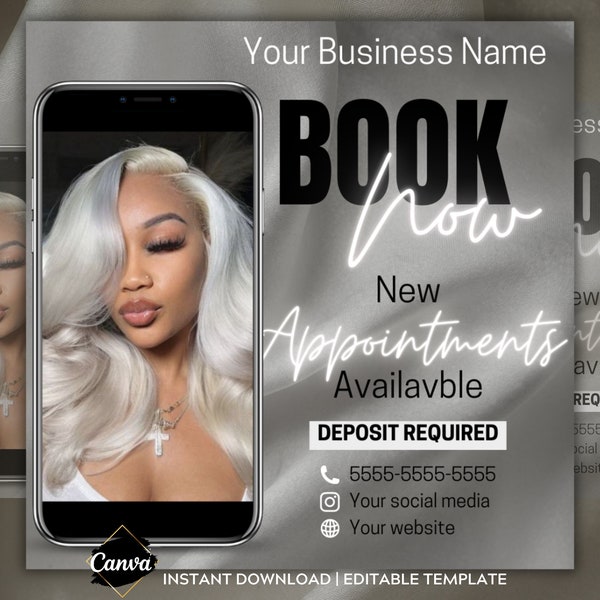 Black and White Grey Silver Theme Book Now Canva Appointments Available Flyer Editable Premade Instagram Social Media Flyer Salon MUA Wigs