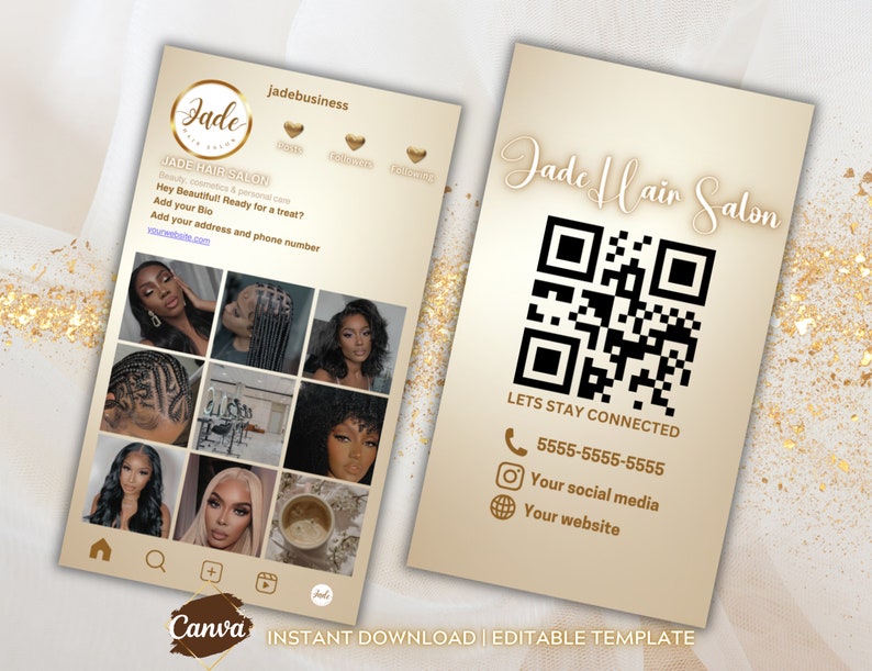 May include: Two-sided business card design for Jade Hair Salon. The front features a social media-style layout with hair style images and salon details. The back has a QR code, contact info, and the words "Lets Stay Connected".