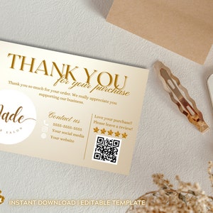May include: A beige thank you card with gold text that reads "THANK YOU for your purchase." The card includes the Jade Hair Salon logo, contact information, and a QR code. The words "INSTANT DOWNLOAD | EDITABLE TEMPLATE" are at the bottom.