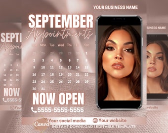 Könnte beinhalten: Eine rosa und weiße Grafik mit dem Text "SEPTEMBER Appointments" und einem Kalender mit dem Monat September. Die Grafik enthält auch eine Telefonnummer, eine Website-Adresse und den Text "NOW OPEN".