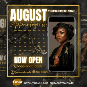 Gold and Black Theme August Appointment Instagram July Booking Plane Hair Appointment Book Now Flyer Canva Braid Flyer Premade Instagram DIY