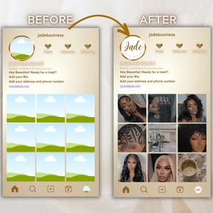 May include: A before-and-after Instagram profile design for a hair salon. The "before" image shows a placeholder profile, while the "after" image displays a logo, profile pictures, and text: "JADE HAIR SALON, Beauty, cosmetics & personal care."