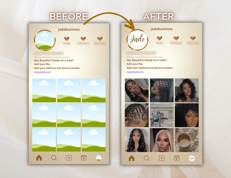 May include: A before-and-after Instagram profile design for a hair salon. The "before" image shows a placeholder profile, while the "after" image displays a logo, profile pictures, and text: "JADE HAIR SALON, Beauty, cosmetics & personal care."