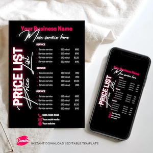 Pink Black Theme Canva Price List DIY Template Design Price Sheet Hair Pricing Flyer Pricelist Pricing Guide Sheet Premade Salon Business