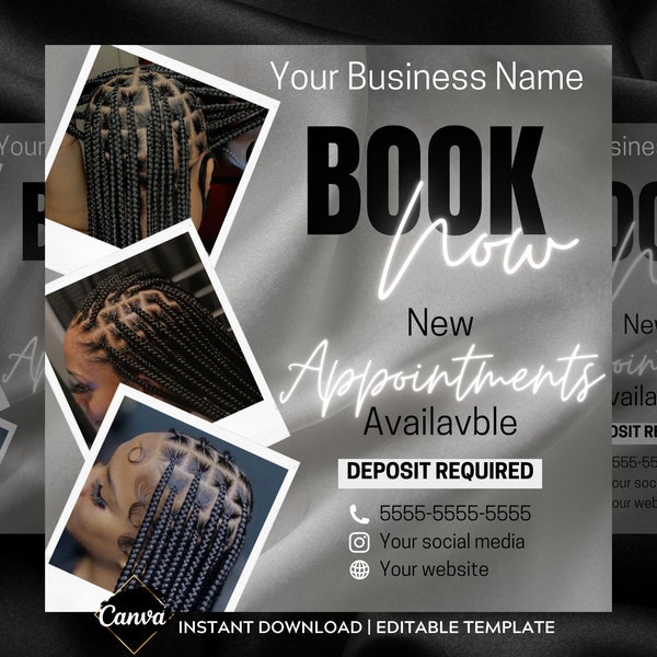 Black and White Grey Silver Book Now Canva Appointments Available Deposit Required Premade Instagram Social Media Editable Flyer Template