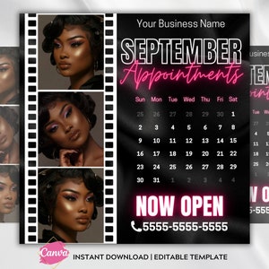 Zwart en roze thema Afspraak september Instagram Boeking september Vliegtuighaarafspraak Boek nu Canva Braids Flyer Premade Instagram