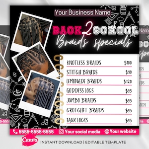 Back to school Hair Flyer Back 2 school Canva Flyer Template Braids Specials Sale Braids Price List Template Back to school Design Flyer DIY