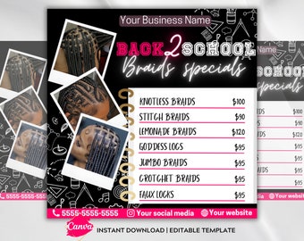 Back to school Hair Flyer Back 2 school Canva Flyer Template Braids Specials Sale Braids Price List Template Back to school Design Flyer DIY
