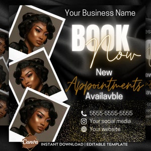 May include: Black and gold social media graphic with the text "Book Now" in white neon letters. The graphic also includes the text "New Appointments Available" and a phone number, website address, and social media handle.