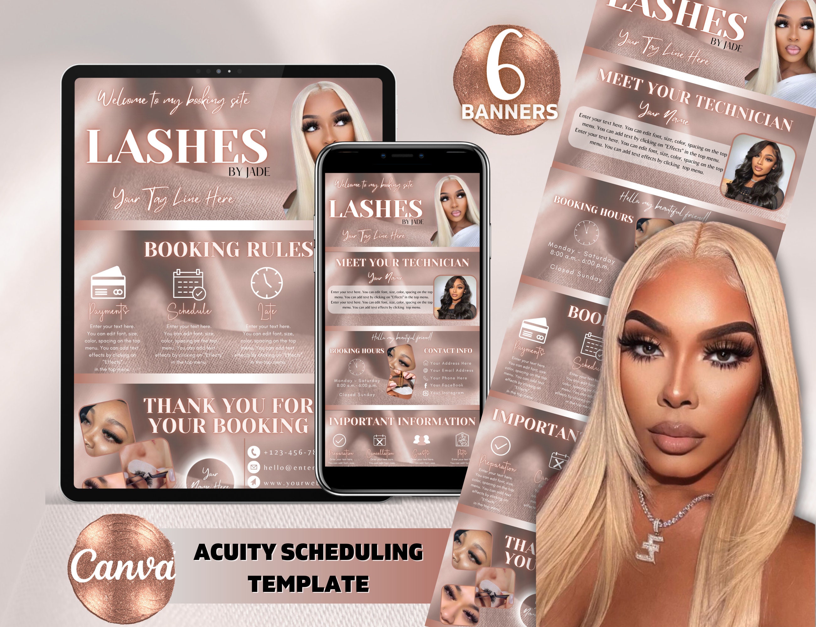 Rose Gold Acuity Scheduling Template Lash Technician Acuity Lash Template Scheduling Template Hair Braid Nail Stylist Website Template Canva