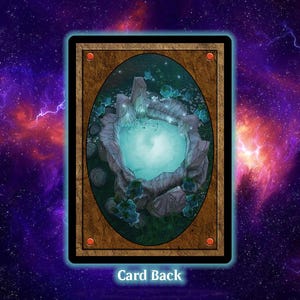 May include: Card back design featuring an oval image of a glowing turquoise pool surrounded by rock formations and foliage, set against a brown frame with decorative accents. The text "Card Back" is at the bottom.