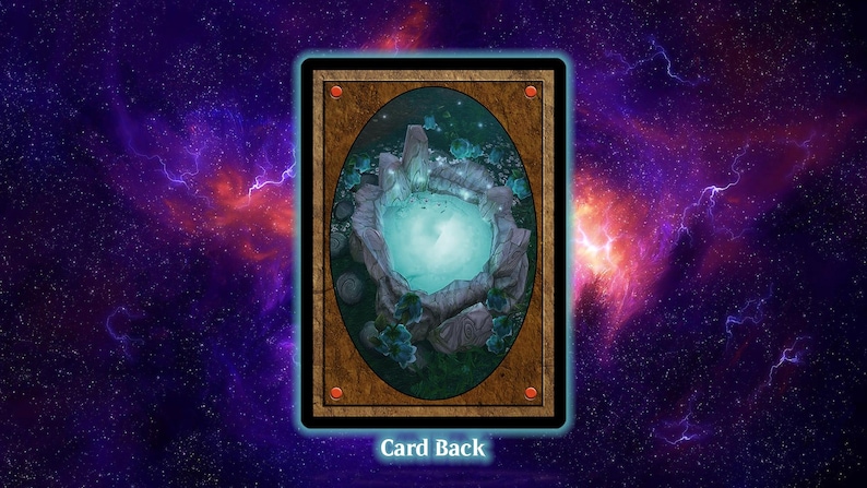 May include: Card back design featuring an oval image of a glowing turquoise pool surrounded by rock formations and foliage, set against a brown frame with decorative accents. The text "Card Back" is at the bottom.