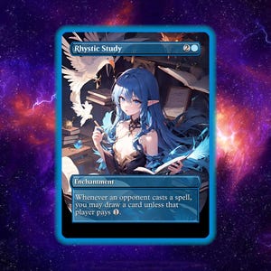 May include: A fantasy-themed trading card with a blue border and the text "Rhystic Study." The card features an illustration of a woman with blue hair and a flowing gown, surrounded by books and birds. The card text reads "Enchantment."