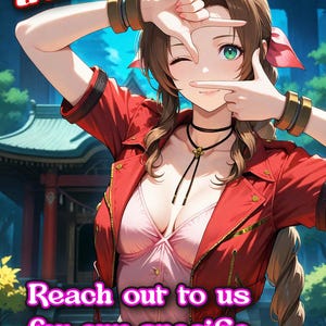 May include: An anime-style illustration of a woman in a red jacket and pink dress, winking and making a frame with her hands. The text "Thank you!" is at the top, and "Reach out to us for any specific orders!!" is at the bottom.