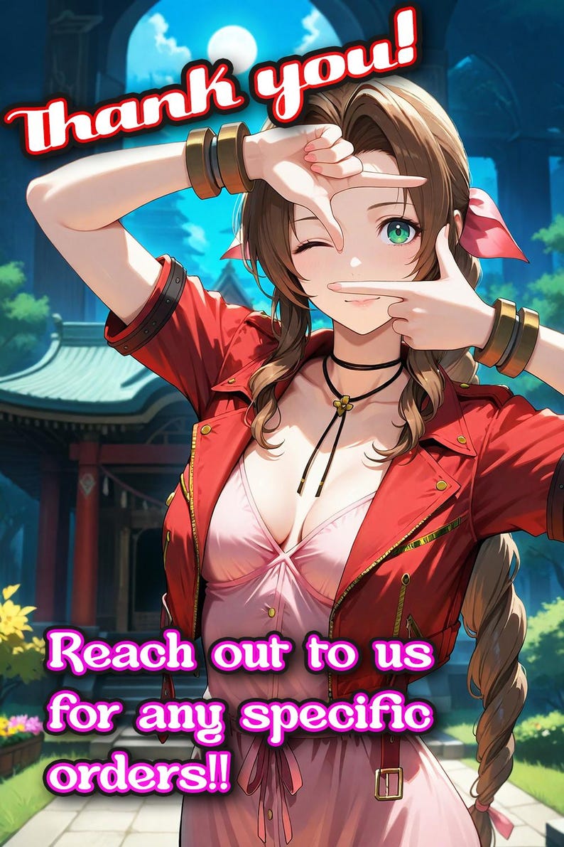 May include: An anime-style illustration of a woman in a red jacket and pink dress, winking and making a frame with her hands. The text "Thank you!" is at the top, and "Reach out to us for any specific orders!!" is at the bottom.