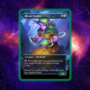 May include: A Magic: The Gathering card featuring an elf druid with green hair and purple ears, holding a glowing green rose. The card has a green border and text that reads "Bloom Tender" and "Creature - Elf Druid."