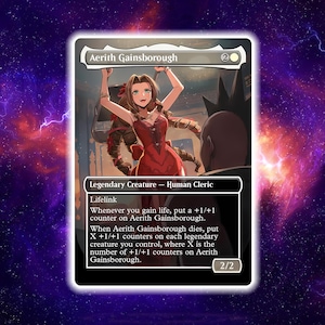 May include: A Magic: The Gathering card featuring Aerith Gainsborough in a red dress, with the text "Aerith Gainsborough" at the top. The card has a black border and a 2/2 power/toughness rating. The background is a cosmic purple.