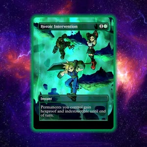May include: A trading card with the title "Heroic Intervention" and artwork of three characters in a green-tinted frame. The card text reads "Instant" and describes the card's effect. The background is a nebula of purple and green.
